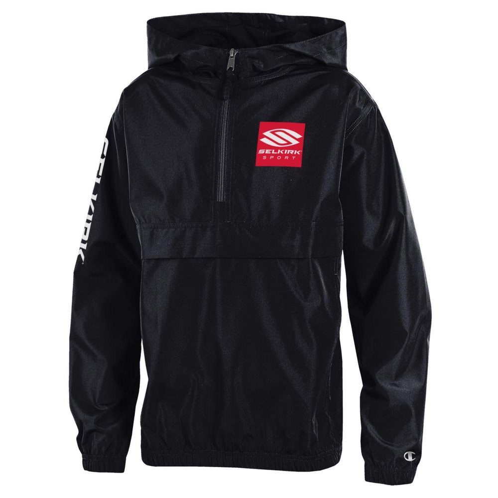 Selkirk x Champion Youth Packable Jacket in Black, featuring a scuba collar and logo.