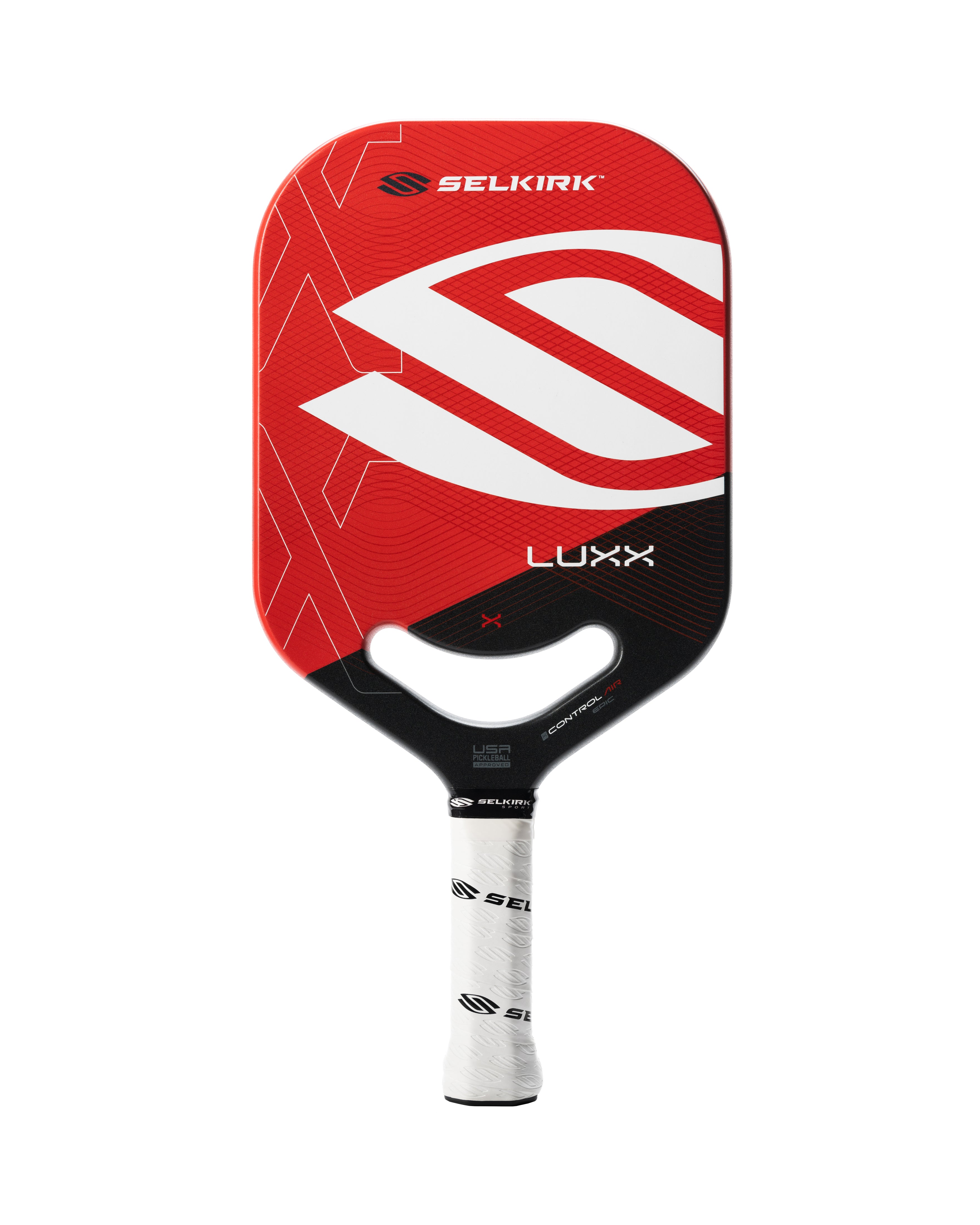 Selkirk Luxx Control Air Epic Pickleball Paddle featuring a red, gold, and blue design.