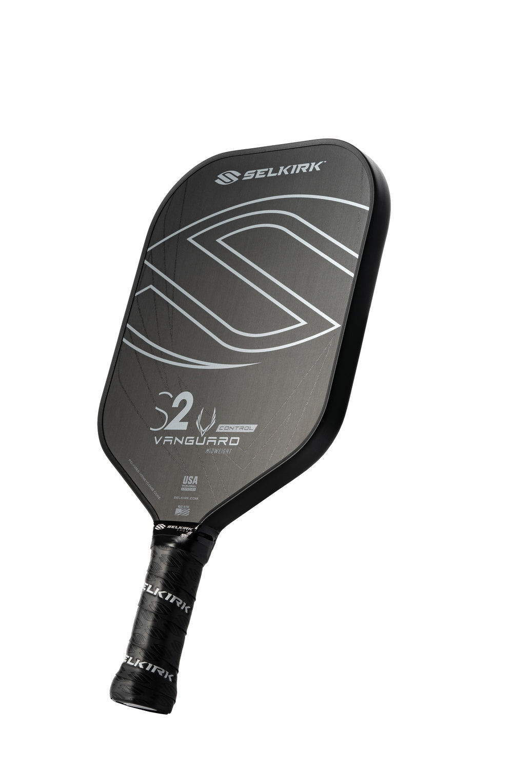 Selkirk Vanguard Control S2 Pickleball Paddle with a sleek black design and textured grip.