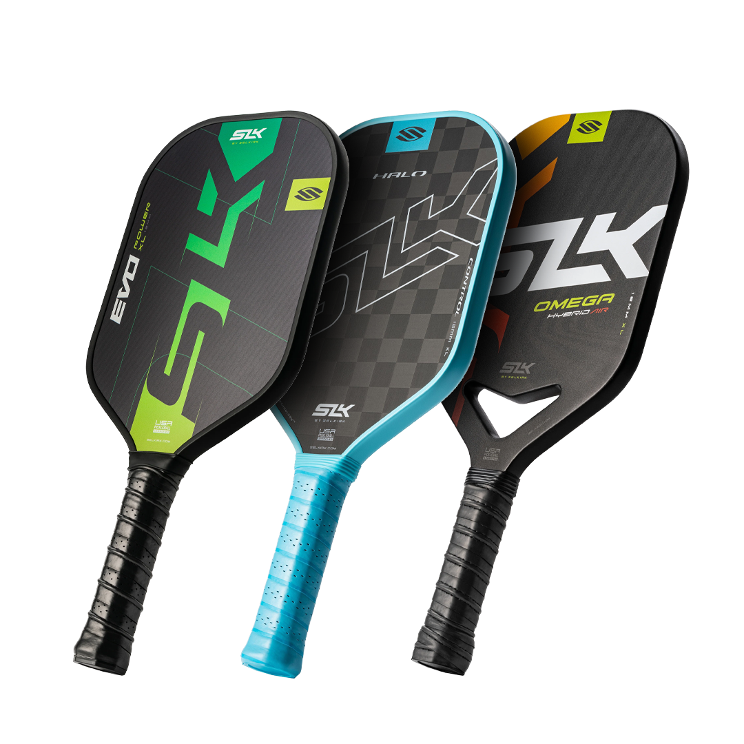 Three pickleball paddles from Selkirk: EVO, Halo, and Omega models featuring different designs and grips.