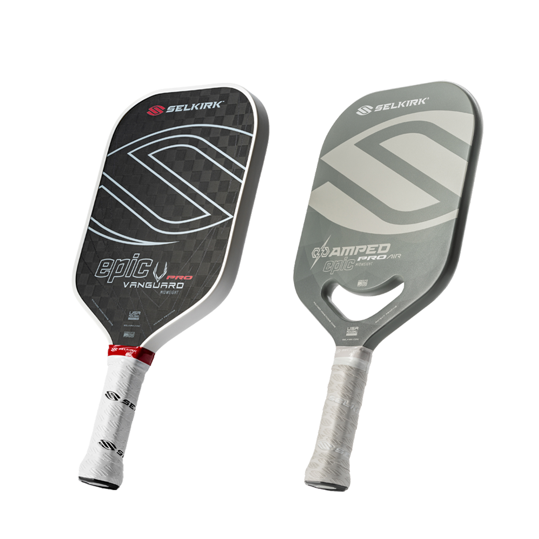 Two Selkirk Invikta Vanguard pickleball paddles, one with a carbon fiber face (left) 
          and the other with a fiberglass face (right), showcasing different designs.