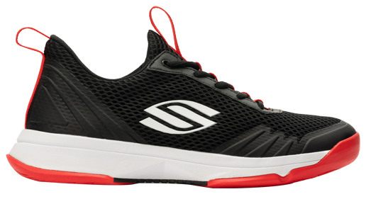 Selkirk Labs S02 pickleball shoe in black with red accents and white logo.