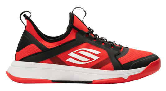 Selkirk labs s01 pickleball shoe in red with black accents and a white selkirk logo.