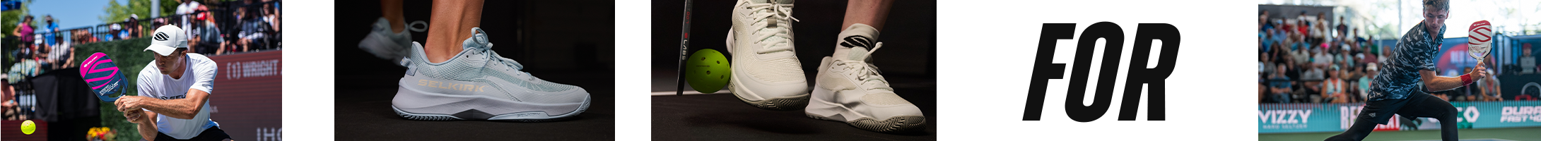 People playing pickleball with the word 'FOR' prominently displayed