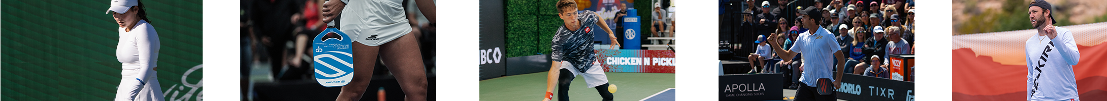 Collage of players in action during a pickleball match