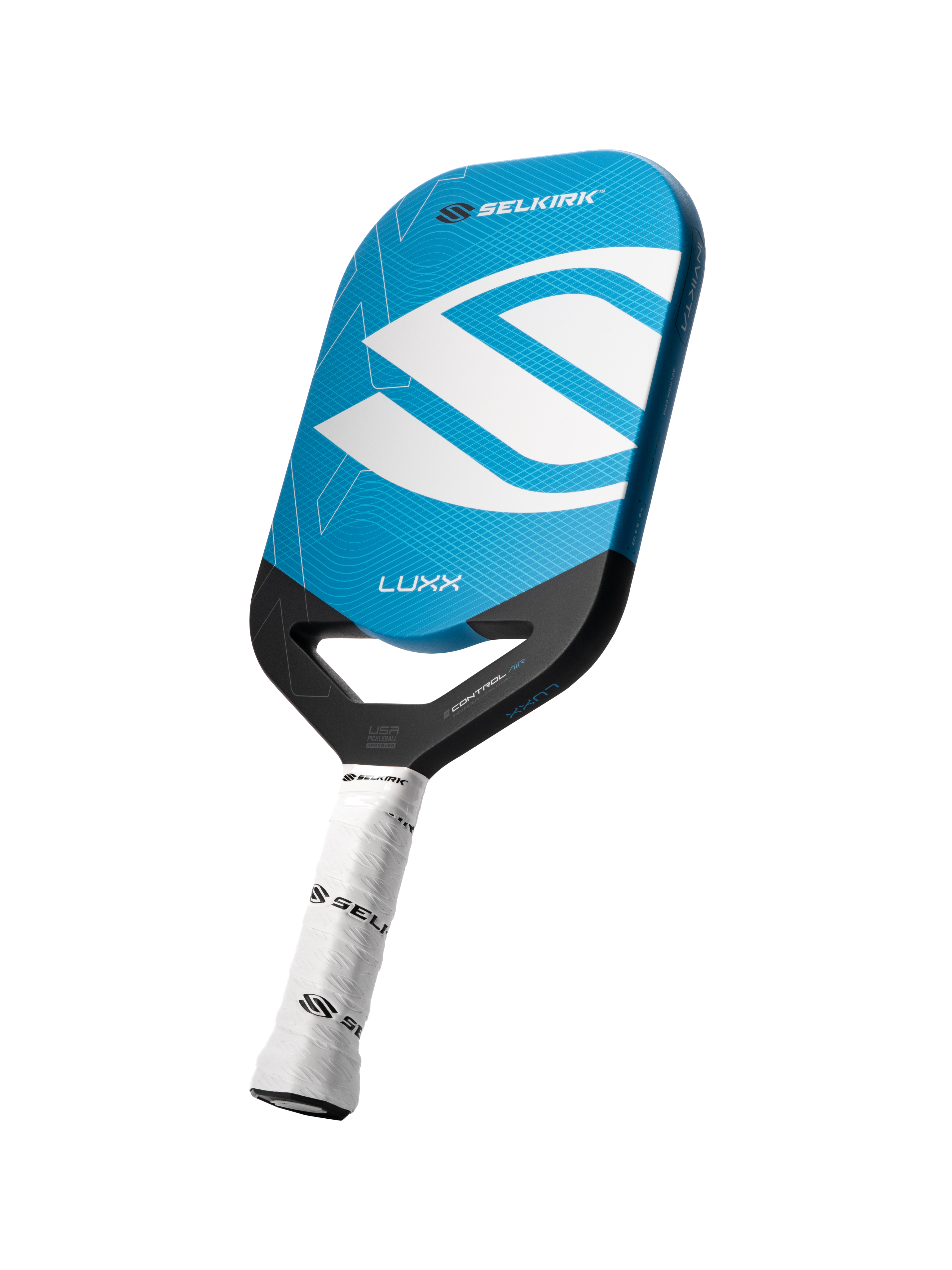 Angled shot of the Luxx pickleball paddle with infinigrit in blue
