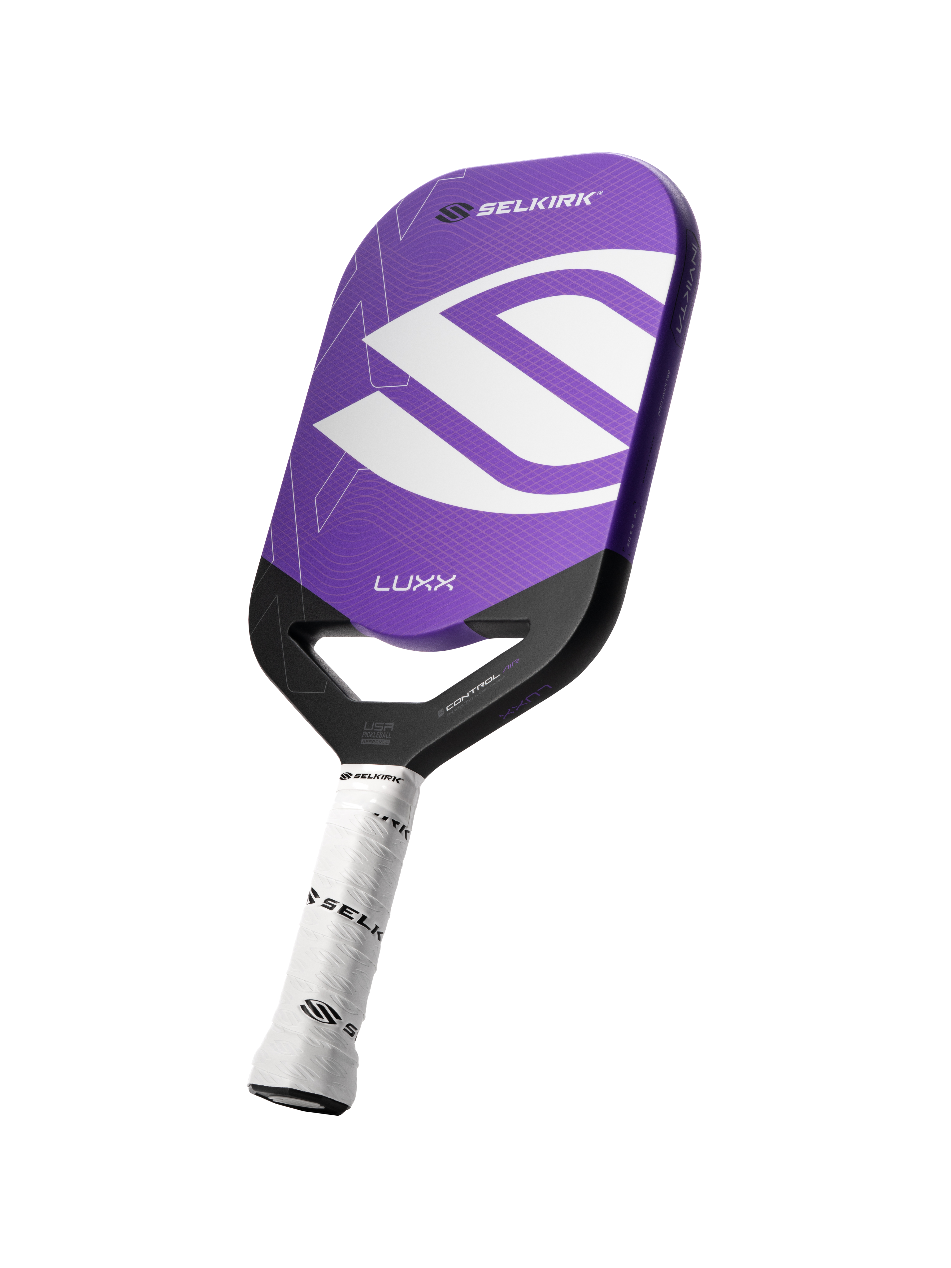 Angled shot of the Luxx pickleball paddle with infinigrit in puple