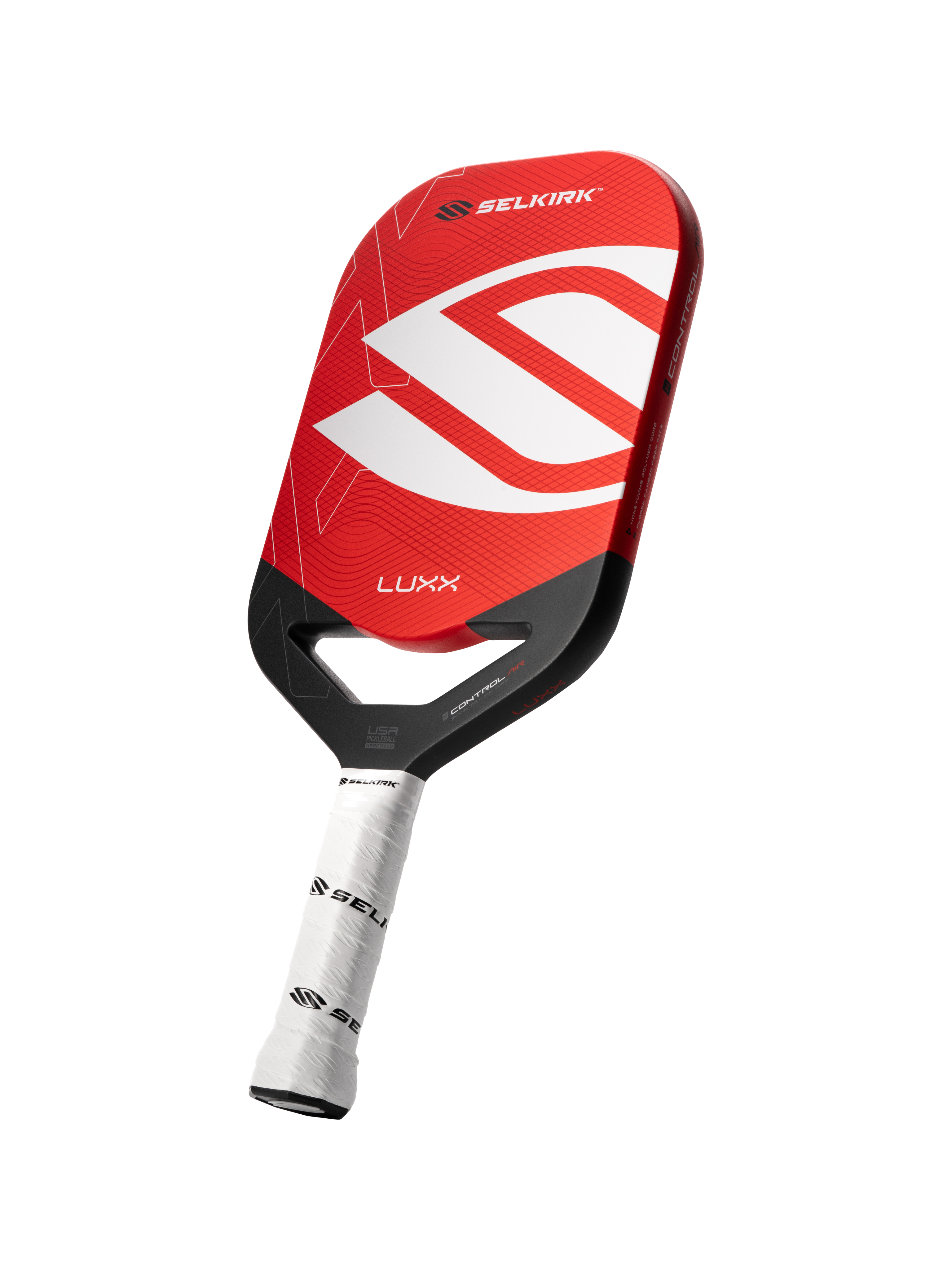 Angled shot of the Luxx pickleball paddle with infinigrit in red
