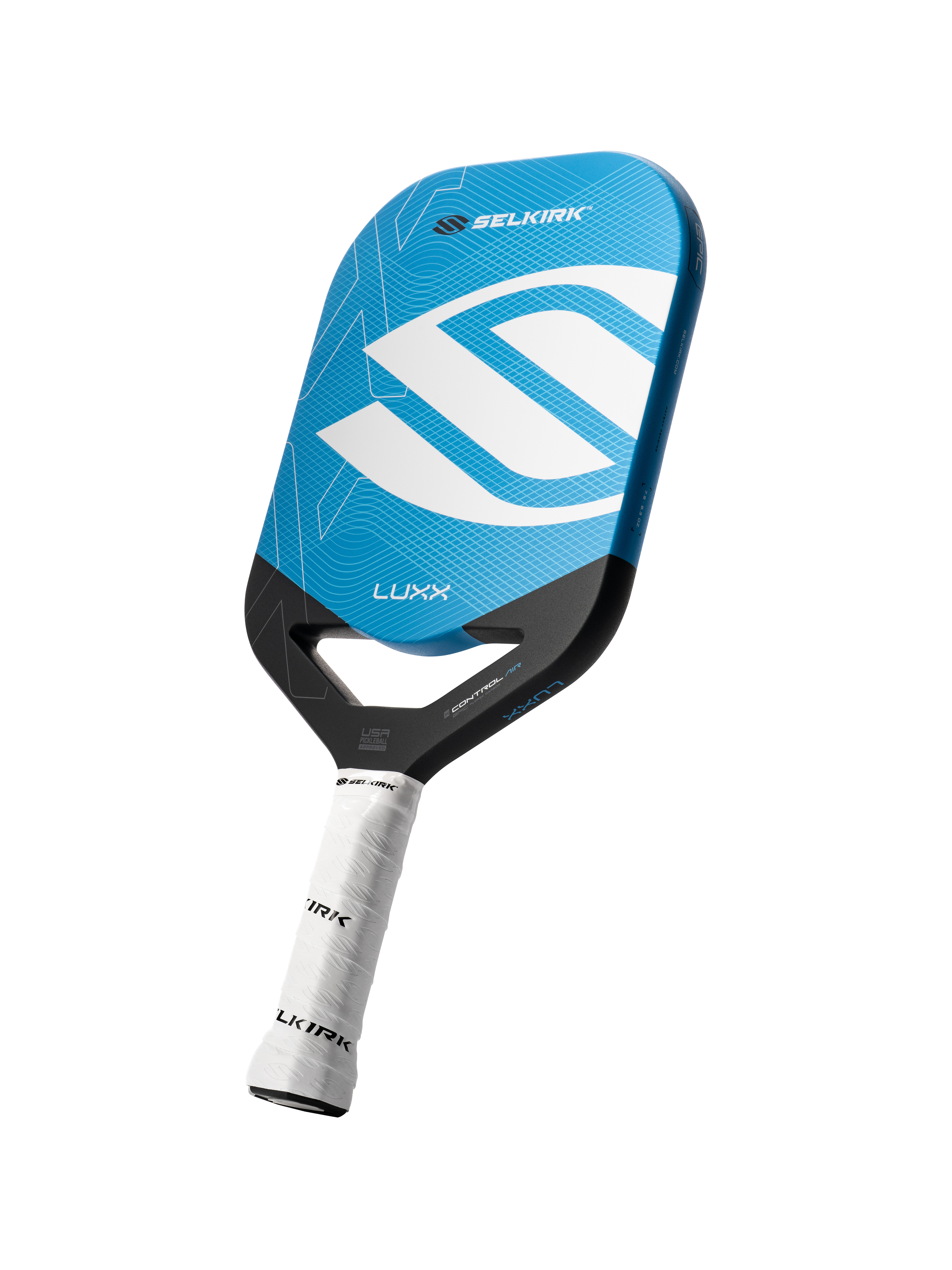 Angled shot of the Luxx pickleball paddle with infinigrit in blue