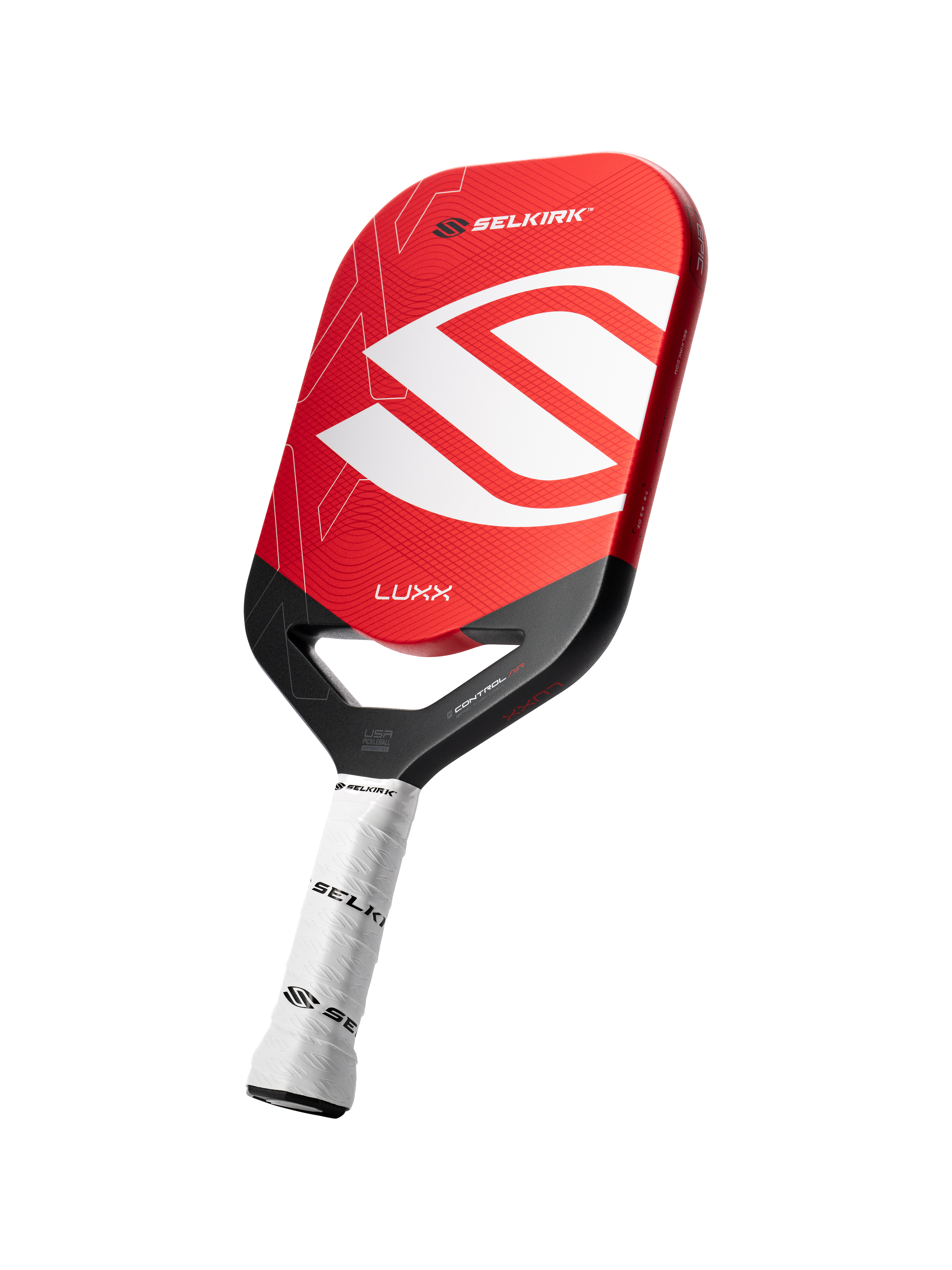 Angled shot of the Luxx pickleball paddle with infinigrit in red
