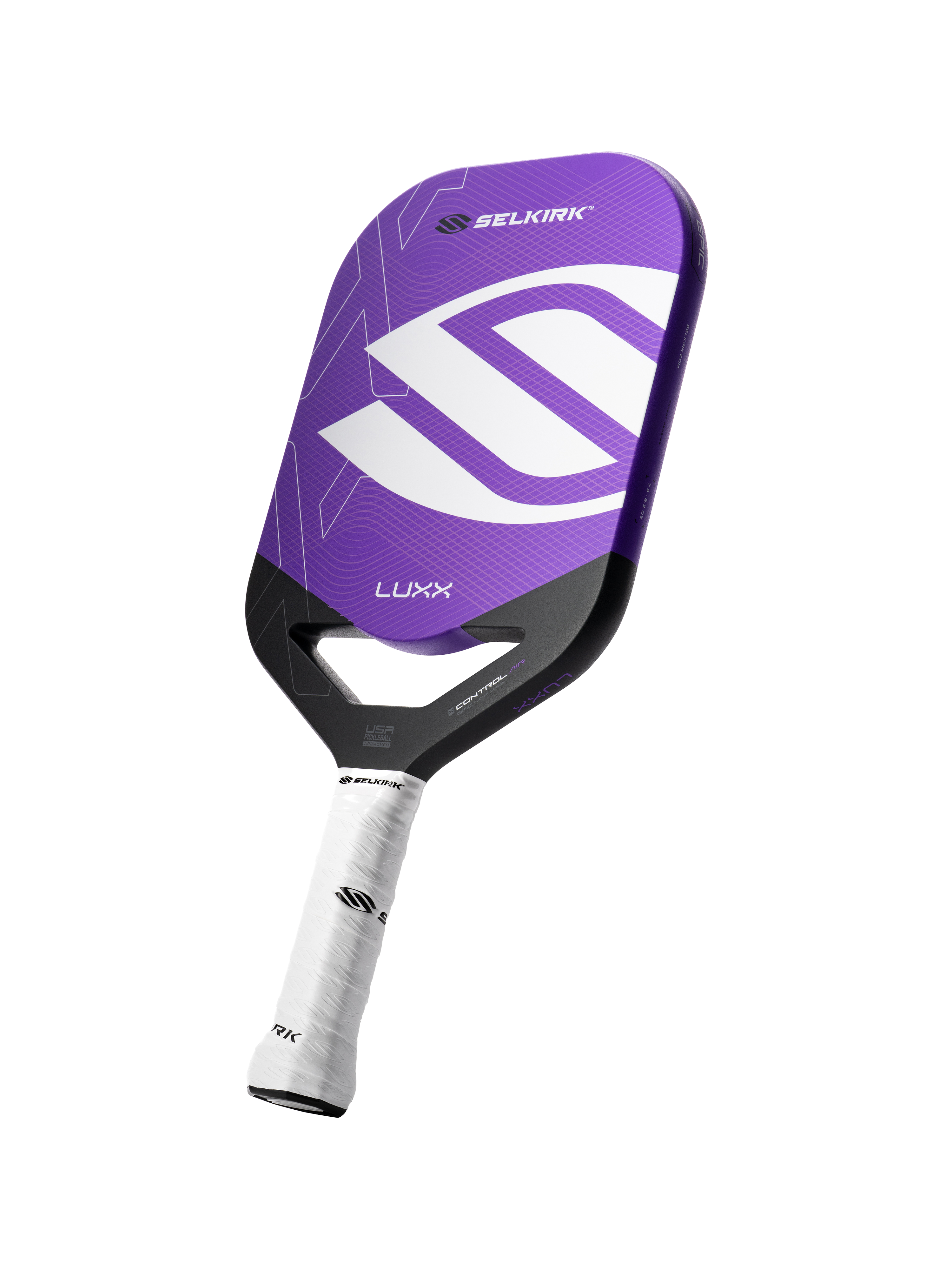 Angled shot of the Luxx pickleball paddle with infinigrit in puple