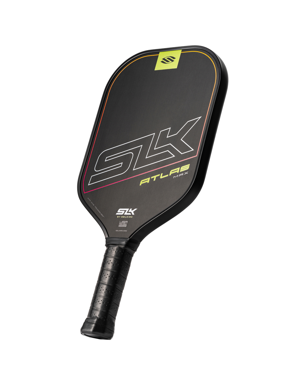 SLK Atlas pickleball paddle in Ember color with raw carbon surface and grip