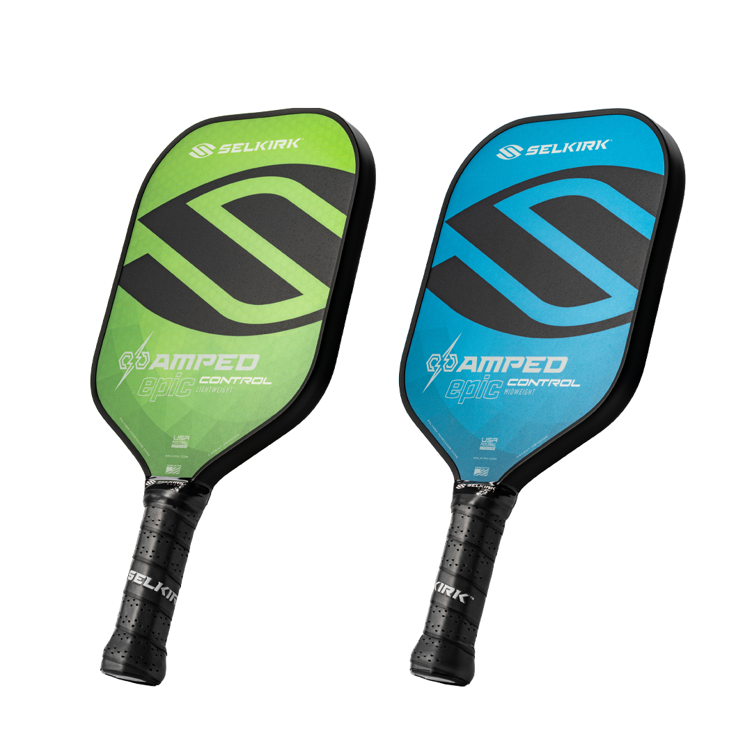 Selkirk Epic and Invikta Vanguard pickleball paddles, labeled as lightweight (left) and midweight (right), 
          showcasing different designs and color schemes.